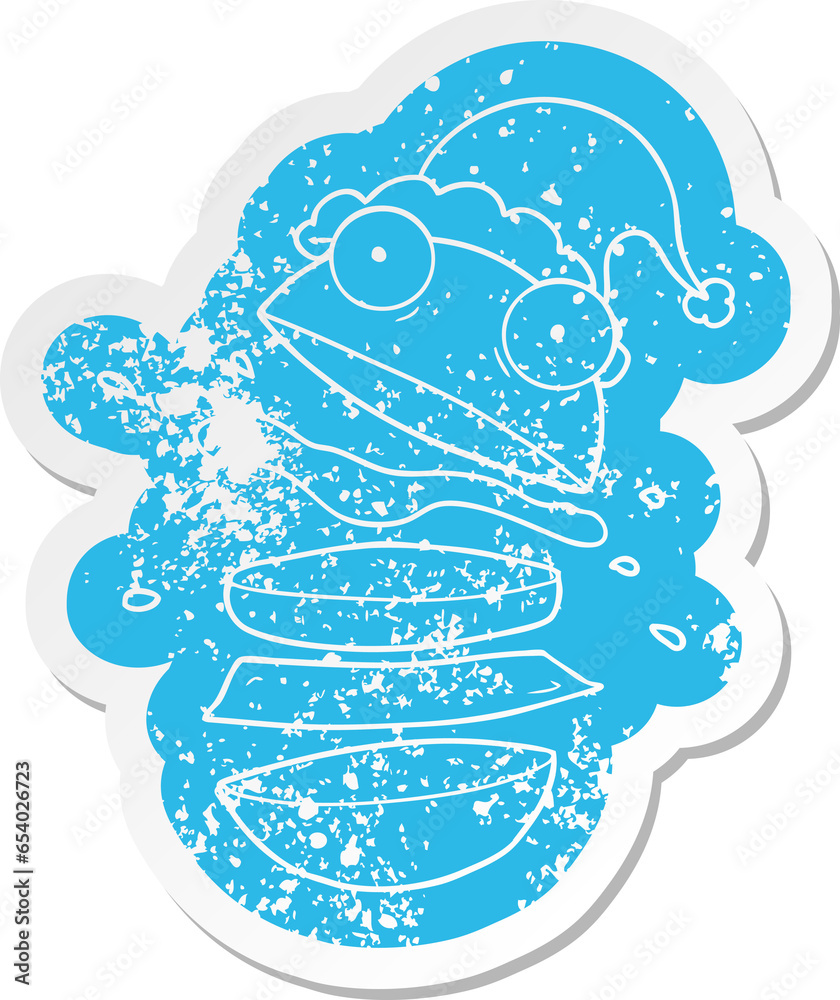 quirky cartoon distressed sticker of a amazing burger wearing santa hat