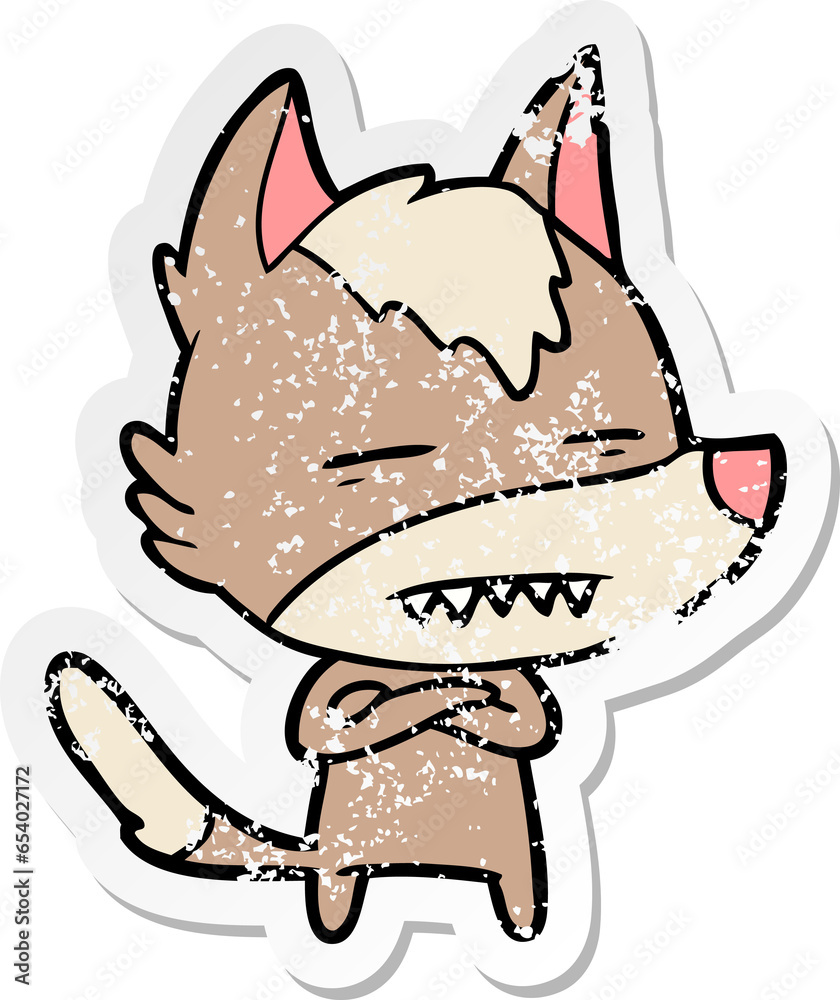 distressed sticker of a cartoon wolf showing teeth distressed sticker of a cartoon wolf showing teeth