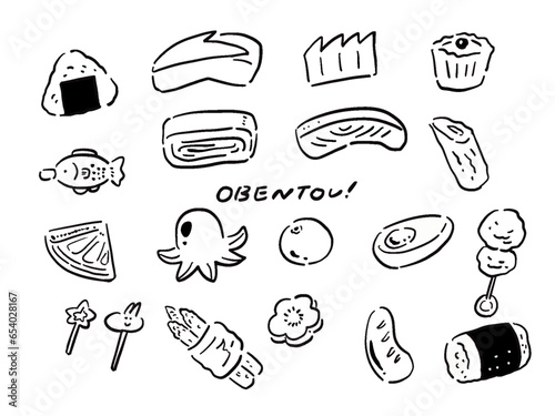 お弁当のおかずや食べ物の手描き風イラストセット	線画