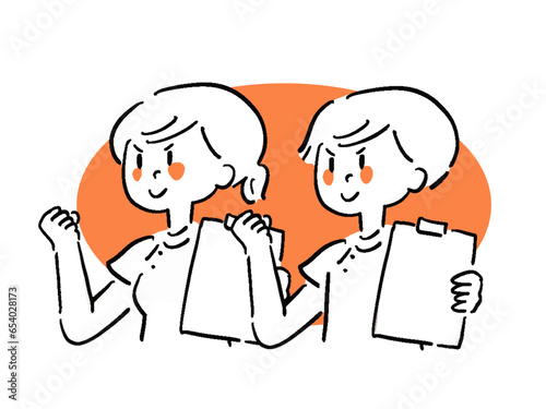 ゆるいタッチ 手描き風のガッツポーズ看護師の男女のイラスト	　線画