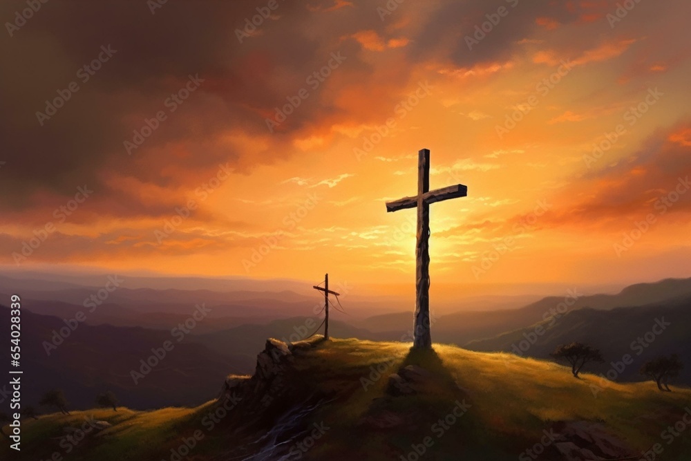 Beautiful sunset oil painting of a Christian cross on a hill, inspiring and serene. Generative AI
