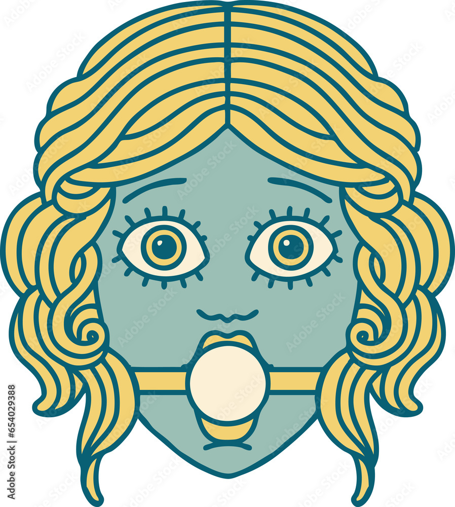 iconic tattoo style image of female face wearing a ball gag iconic tattoo style image of female face wearing a ball gag