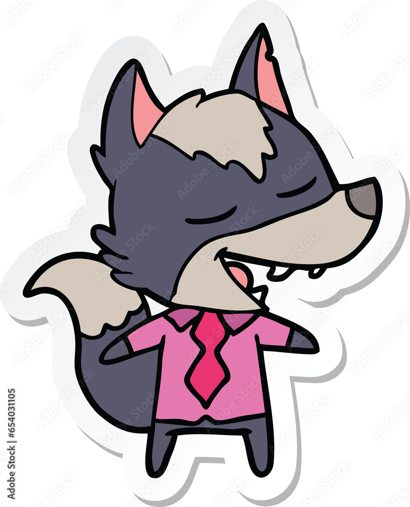 sticker of a cartoon office wolf laughing