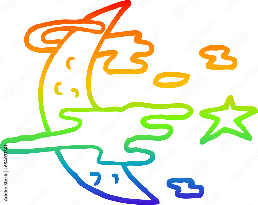 rainbow gradient line drawing of a cartoon spooky moon