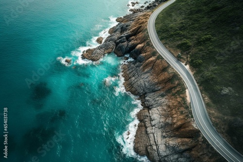 An aerial view of a coastal road meandering alongside a breathtaking turquoise sea. Generative AI