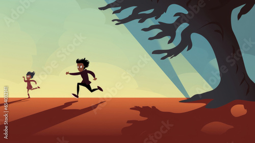 A cartoon character being chased by their own shadow, symbolizing their constant struggle to escape their past. Psychology art