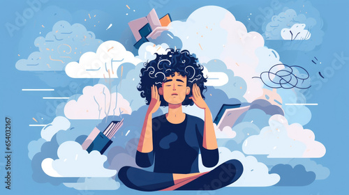 A character floating in a cloud of thoughts, trying to grasp and sort through their jumbled emotions. Psychology art