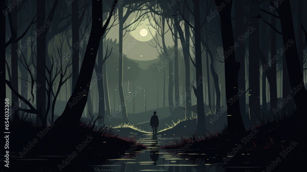 A character walks through a dark forest, with each tree representing a different fear or insecurity. Psychology art