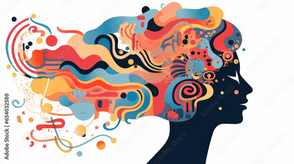 Naklejka premium A characters silhouette becomes filled with swirling patterns, visualizing their racing thoughts. Psychology art
