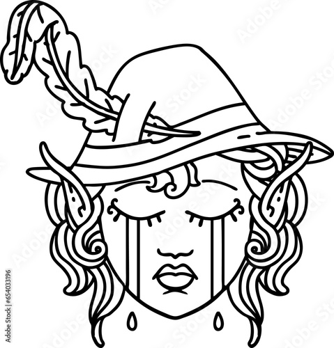 Black and White Tattoo linework Style crying elf bard character face photo