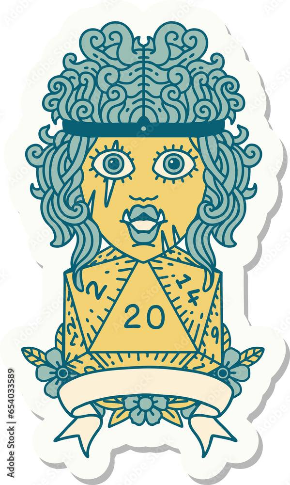 sticker of a half orc barbarian character with natural 20 dice roll sticker of a half orc barbarian character with natural 20 dice roll