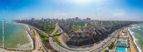 Panoramic aerial image of the Barranco neighborhood in Lima, Peru. Next to the Pacific Ocean with its houses, businesses and bohemian appeal. Image from 2023.