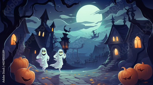 A friendly ghost helps a lost trickortreater find their way back home, leading them through a whimsical Halloween town. Halloween cartoon photo