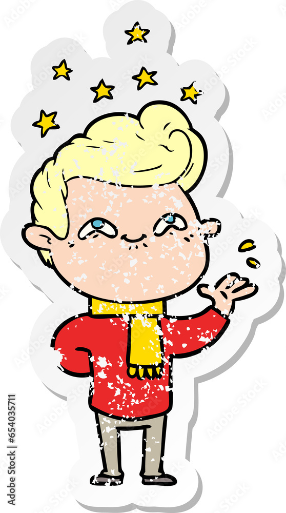 distressed sticker of a cartoon excited man distressed sticker of a cartoon excited man