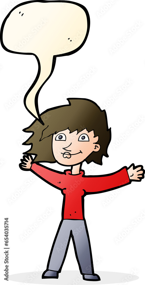 cartoon excited woman waving with speech bubble cartoon excited woman waving with speech bubble