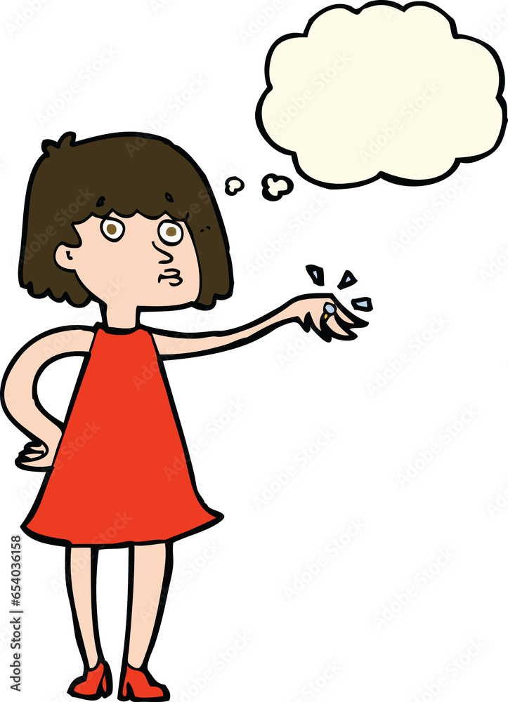 cartoon woman showing off engagement ring with thought bubble cartoon woman showing off engagement ring with thought bubble