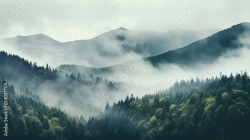 Enchanted Wilderness: Serene Misty Mountains Emerging from the Forest   © indeep