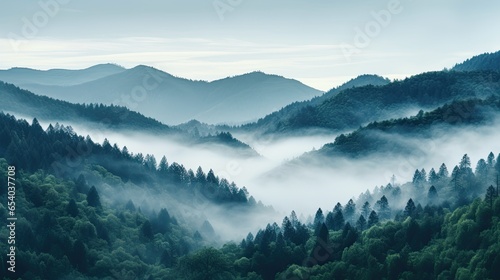 Mystical Mountains: Serene Mist-Shrouded Peaks Above Dense Forest