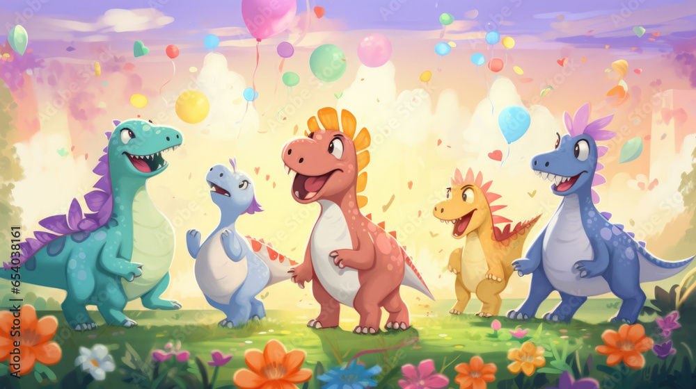 The dinosaur friends stumble upon a field of flowers and have a joyful dance party. The dinosaur friends stumble upon a field of flowers and have a joyful dance party.