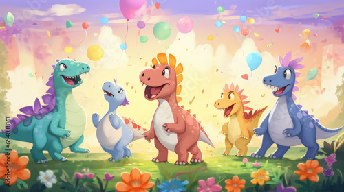 The dinosaur friends stumble upon a field of flowers and have a joyful dance party.