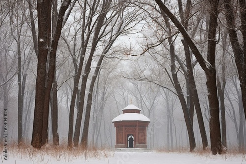 Individual gazing temple amidst wintry woods. Generative AI © Marcelline