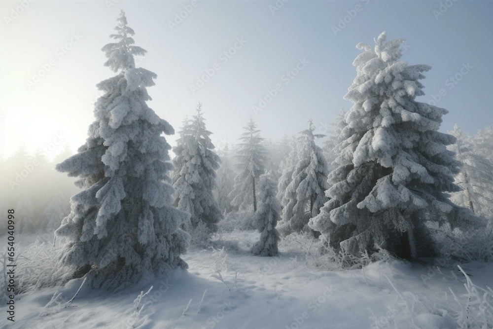 Group of frosty conifers in snowy landscape. Generative AI