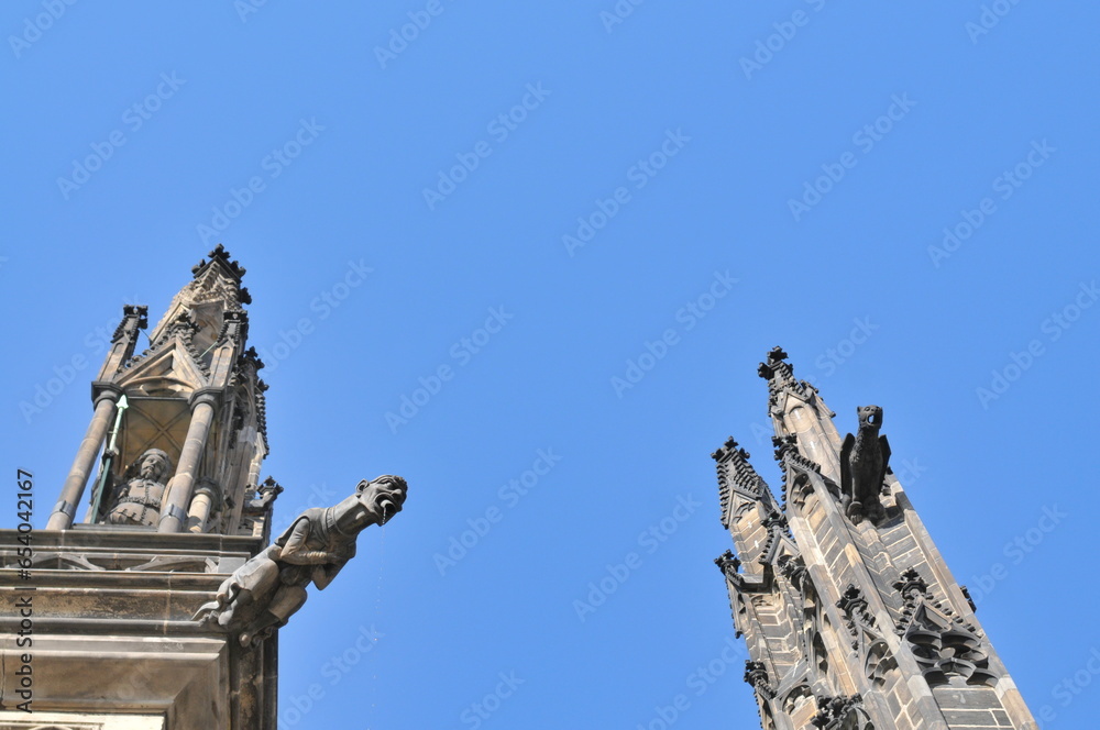 Ancient cathedral statues in the centre of Prague city, historical architecture. Czech republic.
