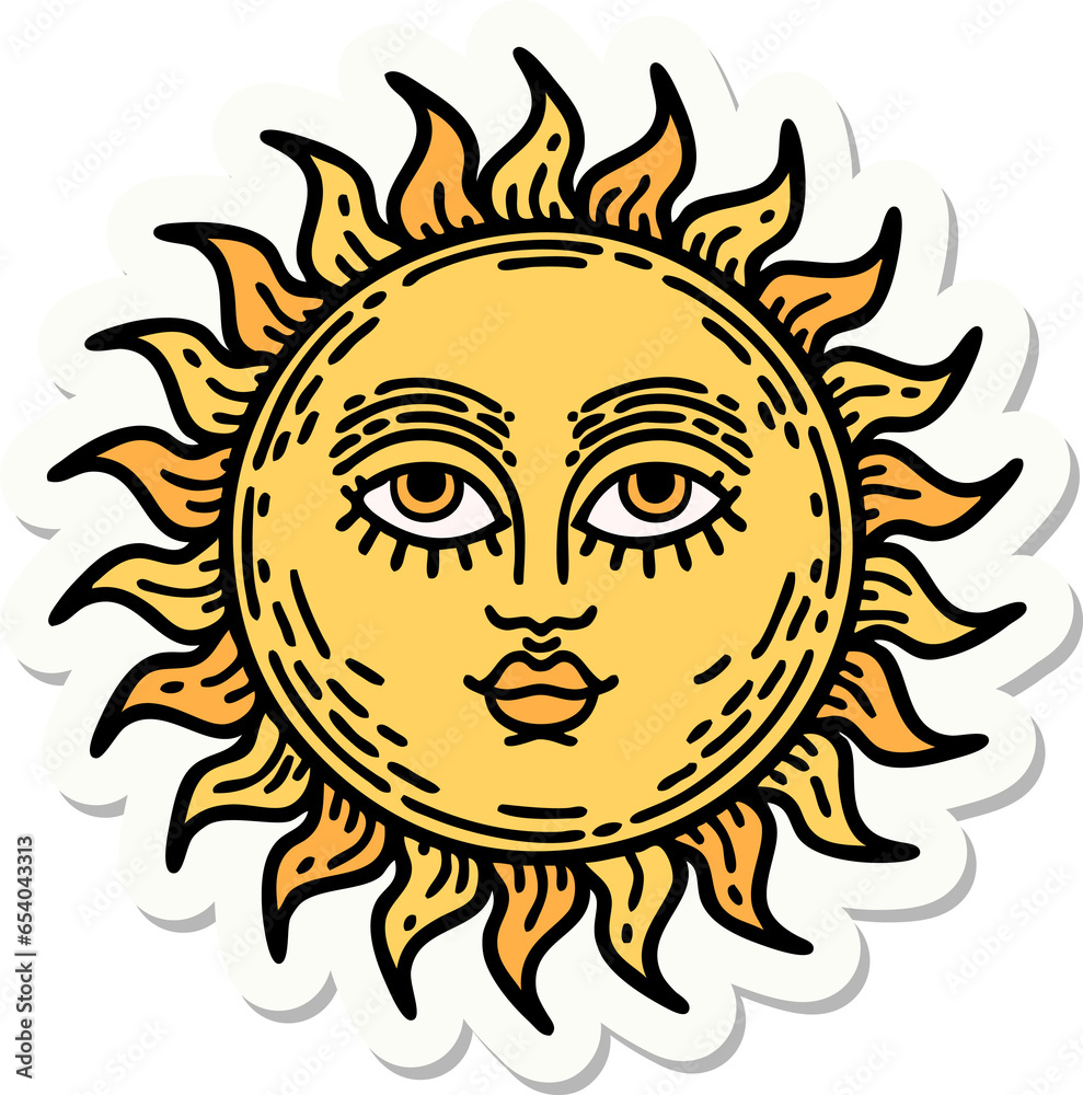 sticker of tattoo in traditional style of a sun with face