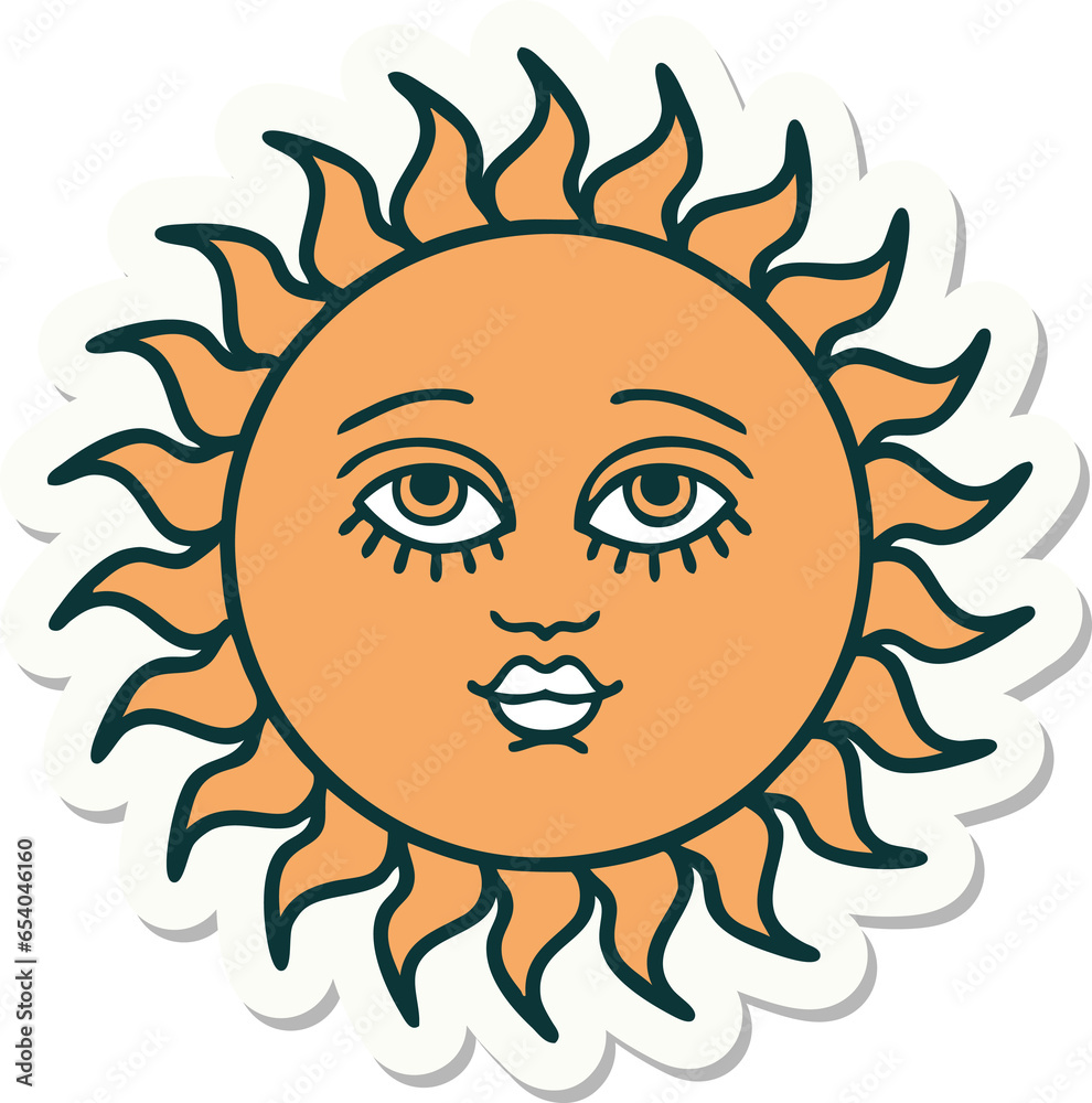 sticker of tattoo in traditional style of a sun with face