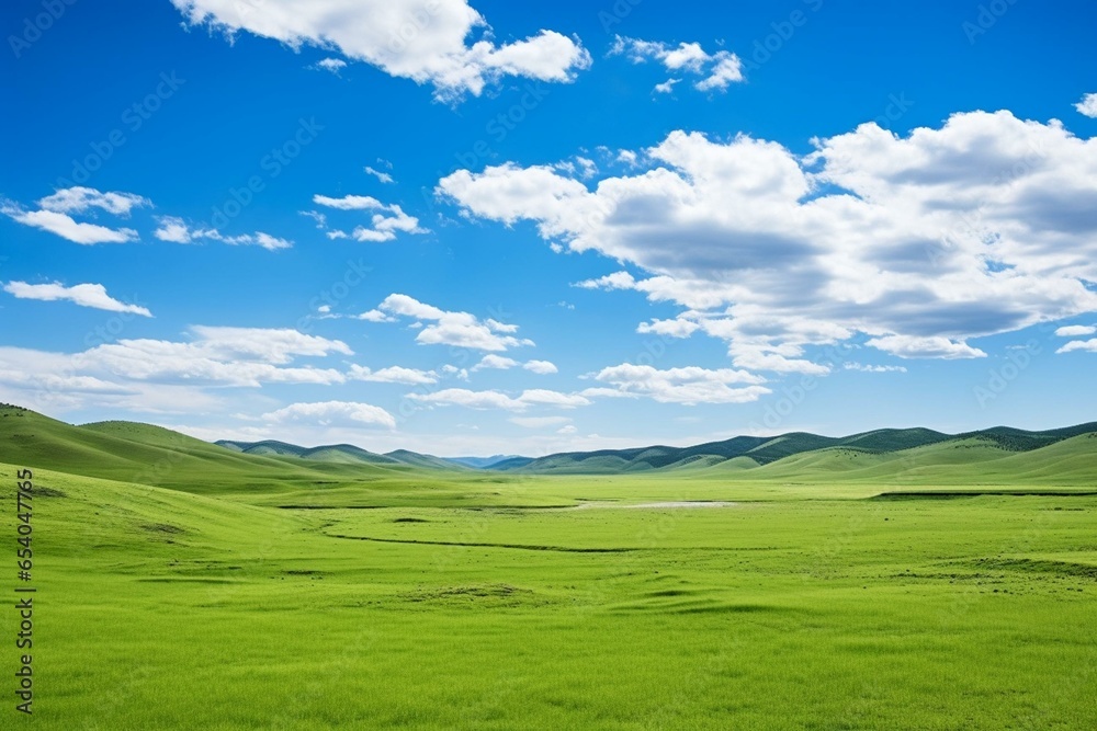 Lush grassland in Inner Mongolia with rolling hills, blue sky, and clouds - a perfect natural backdrop. Generative AI