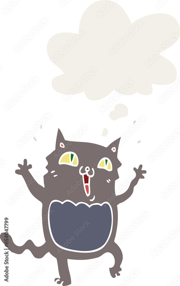 cartoon crazy excited cat with thought bubble in retro style
