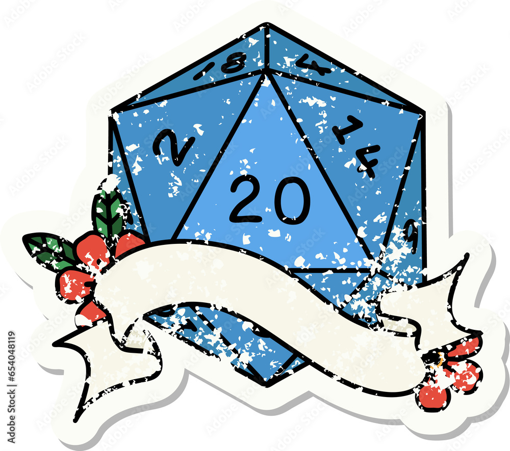 grunge sticker of a natural twenty D20 dice roll
