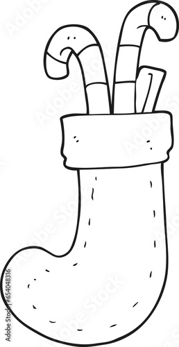 freehand drawn black and white cartoon christmas stocking