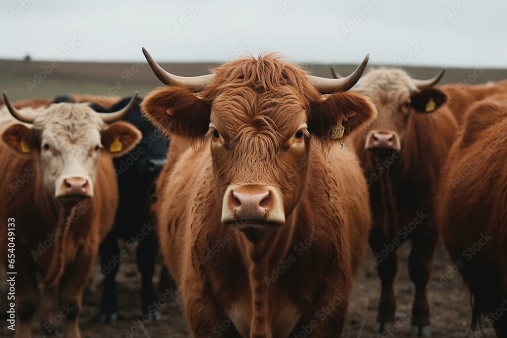 Texture background with shaggy cows bulls in a herd group on a northern farm. Generative AI