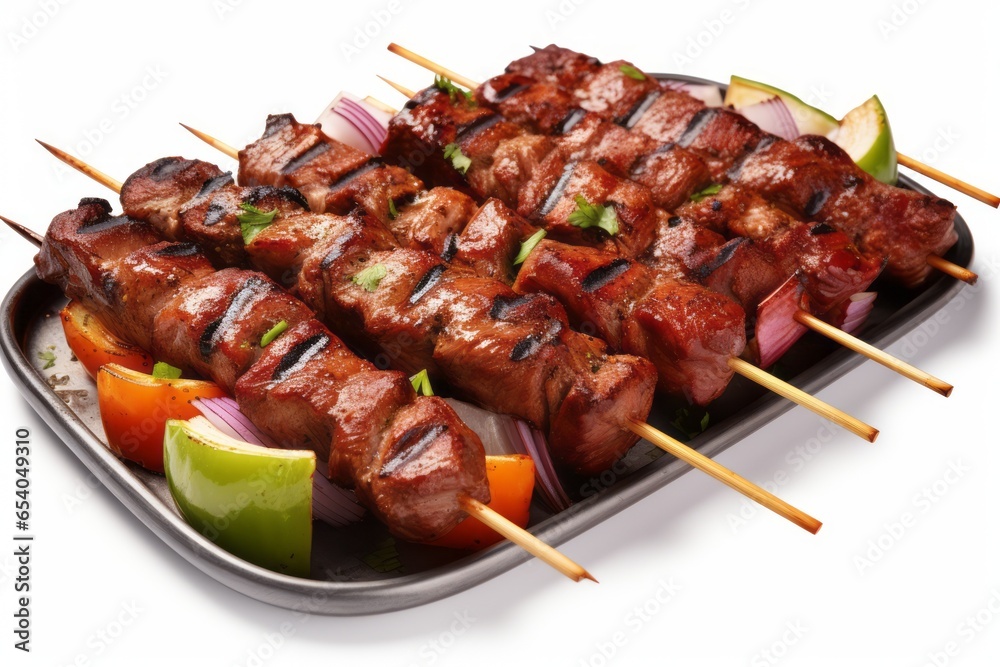 Appetizing shish kebab on skewers. Traditional American cuisine. Popular authentic dishes. Background