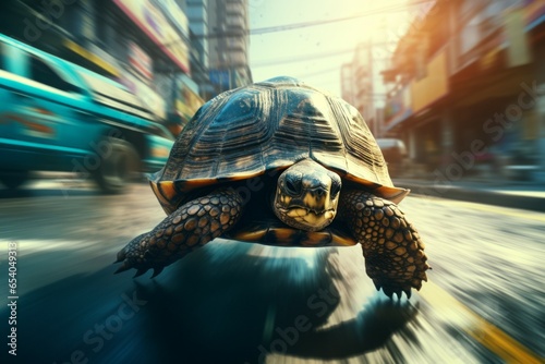 A turtle running at high speed with motion blur. Background with selective focus and copy space photo