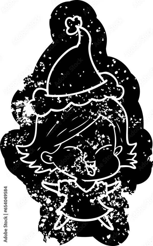 Fototapeta premium happy quirky cartoon distressed icon of a girl wearing santa hat