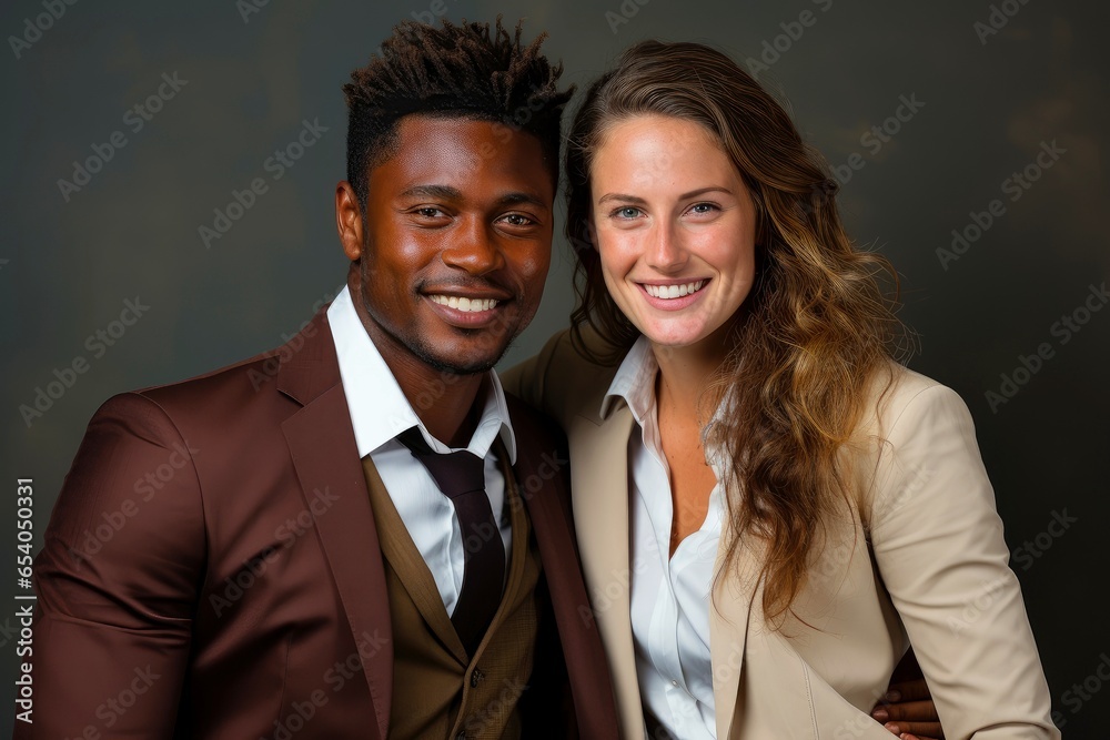 Successful young business partners in formal clothes posing and looking at camera Successful young business partners in formal clothes posing and looking at camera