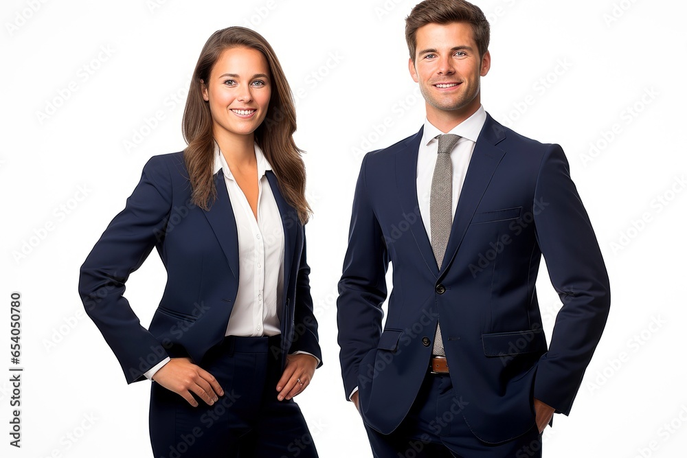 Successful young business partners in formal clothes posing and looking at camera Successful young business partners in formal clothes posing and looking at camera