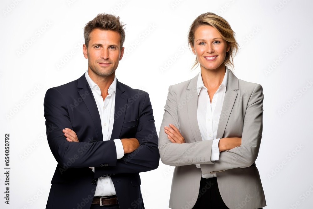 Successful young business partners in formal clothes posing and looking at camera Successful young business partners in formal clothes posing and looking at camera
