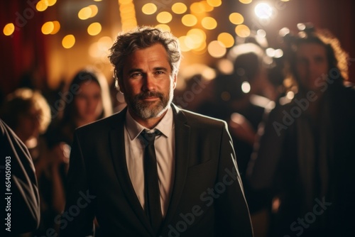 A man on the red carpet. Portrait with selective focus and copy space