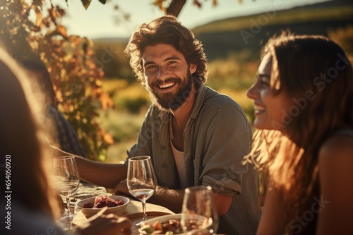 A man with friends is sitting at a picnic at a table with friends. Portrait with selective focus and copy space