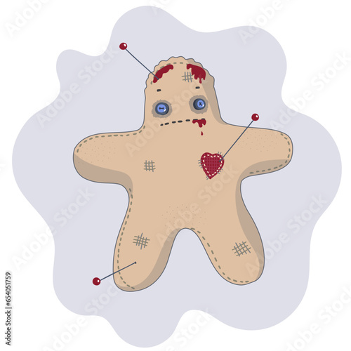 Creepy voodoo doll with pins. Primitive Textile doll. Hand drawn vector illustration. Halloween concept.
