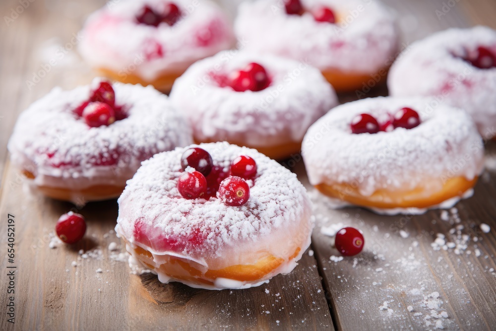 Hanukkah sweet food doughnuts sufganiyot with powdered sugar and fruit jam on light wooden  background. Shallow DOF. Jewish holiday Hanukkah concept. Top view with copy space
