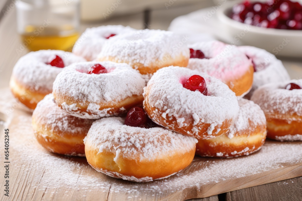 Hanukkah sweet food doughnuts sufganiyot with powdered sugar and fruit jam on light wooden  background. Shallow DOF. Jewish holiday Hanukkah concept. Top view with copy space