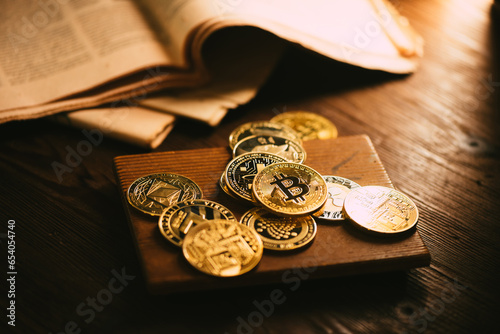 Foto close up golden bitcoin