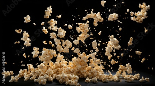 Freeze motion of flying golden caramel popcorn on black background Levitating food