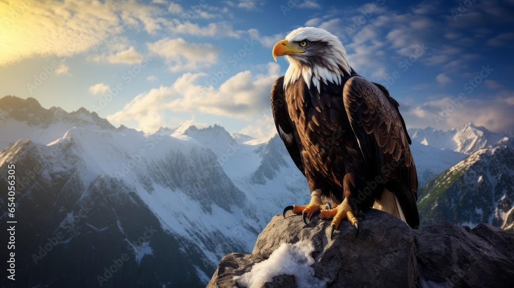 a beautiful north american bald eagle sitting high on a mountain rock apex peak. breathtaking scenic landscape view on mountains nature. desktop wallpaper background. 16:9, 4k. Generative AI - obrazy, fototapety, plakaty 