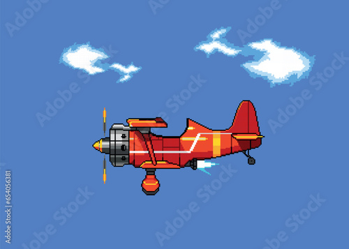 Pixel art biplane plane icon for 8 bit game on light blue background