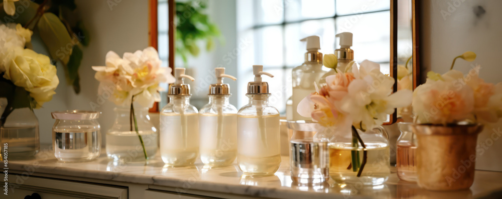 display setup of flowers and soap bottles on bathroom or toilet mirror shelf for cosmetics and face wash natural spa products commercial or decoration as wide banner mockup display setup of flowers and soap bottles on bathroom or toilet mirror shelf for cosmetics and face wash natural spa products commercial or decoration as wide banner mockup